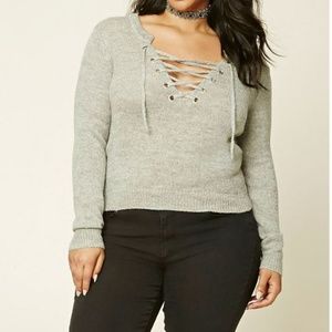Forever 21 Plus Heather Grey Lace Up Sweater - 2X
